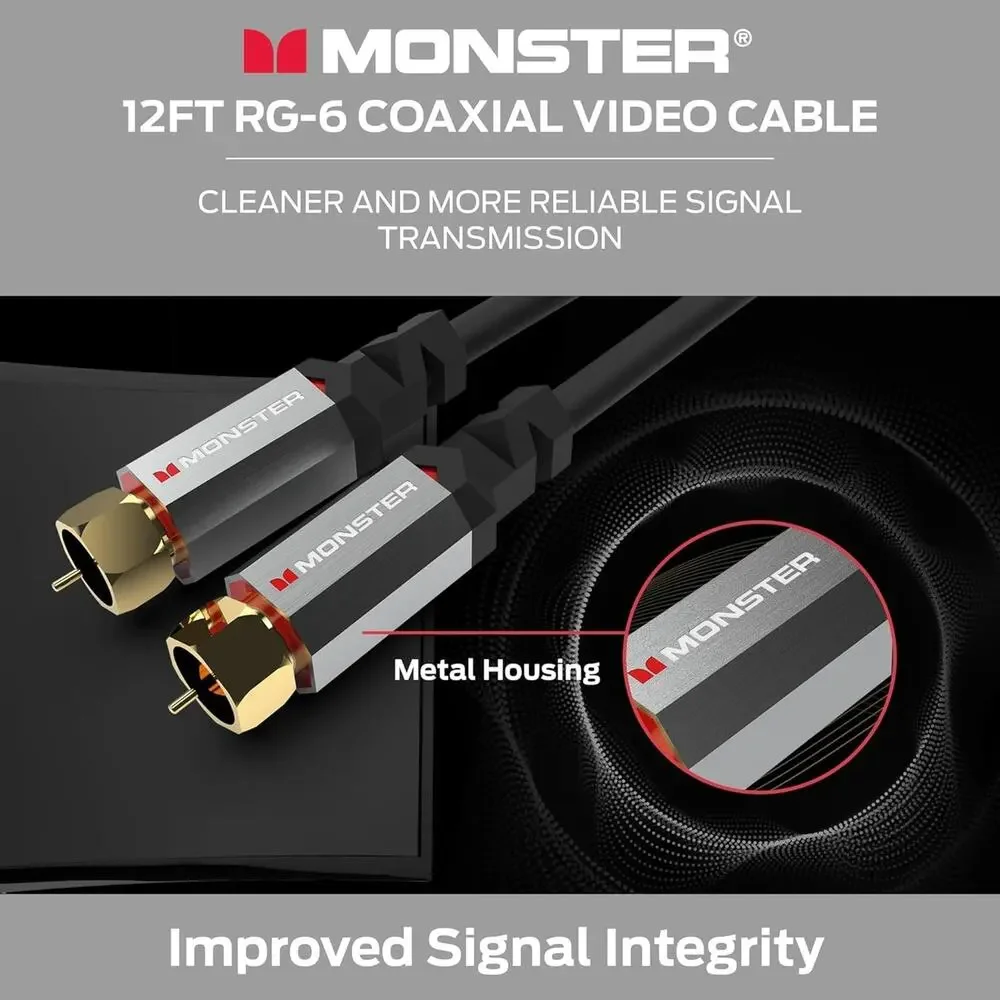 Monster Essentials Coaxial Video Cable - RG-6 Coax Cable Featuring Gold-Plated
